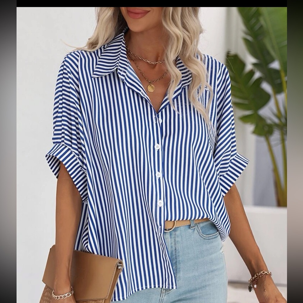 Classic Oversized Loose Fit Stripe Batwing Sleeve Button Down Shirt Top - Picture 13 of 14